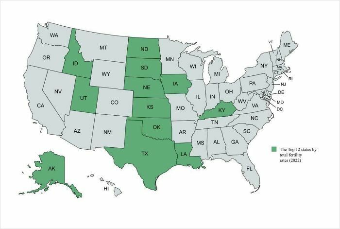 Map highlighting states with highest fertility rates in the US, showing curious and interesting map data by state in 2022.