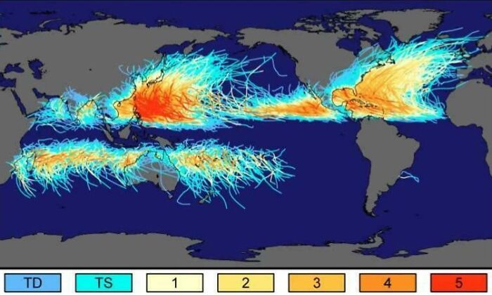 Heatmap visualization of hurricane paths on a global map showing curiosity and interesting map data patterns.