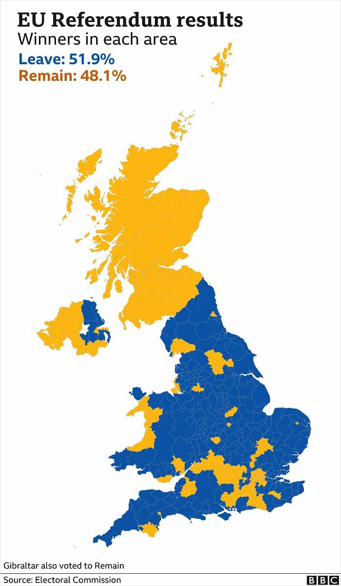UK map showing EU referendum results by area with data highlighting leave and remain votes for curiosity interesting map data.