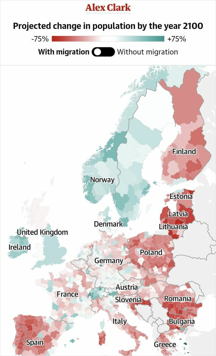 Map showing projected population change in Europe by 2100 with and without migration, highlighting curiosity and interesting map data.