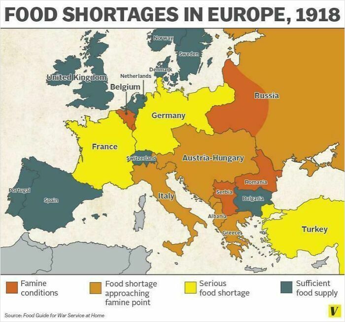 Map showing curiosity interesting map data on food shortages and famine conditions across Europe in 1918.
