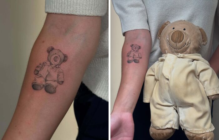 Teddy bear tattoo on forearm matching a stuffed toy, showcasing wholesome tattoos with meaningful ink.