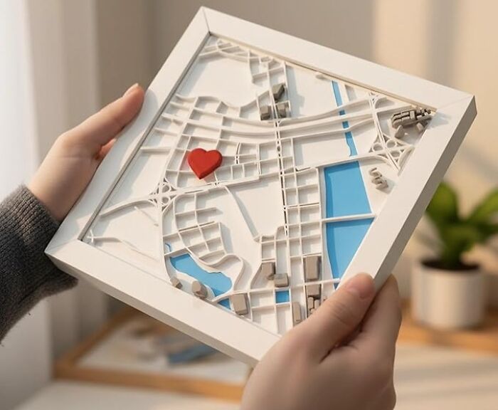 Hands holding a custom 3D map gift with a red heart marker, a unique personalized present idea for Christmas.
