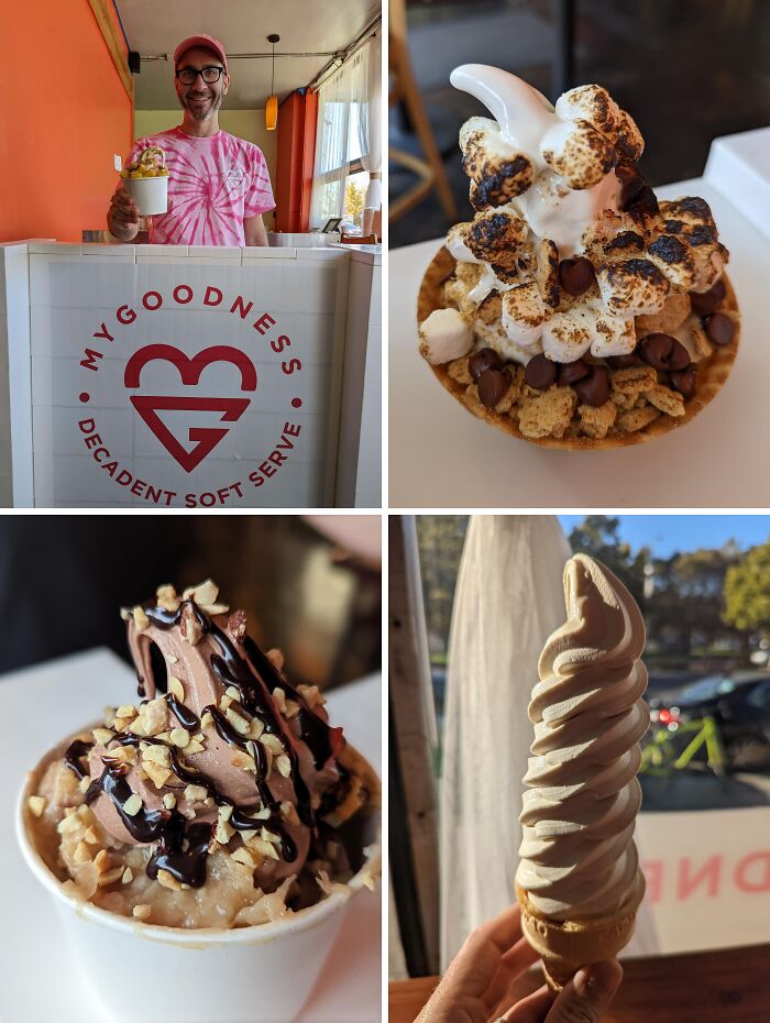 Man smiling behind soft serve counter and close-ups of decadent soft serve ice cream desserts, representing best life decisions.