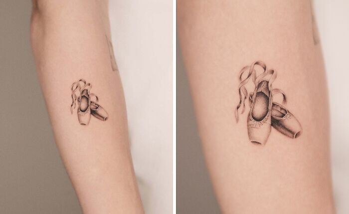Small, detailed tattoo of ballet slippers on inner arm, showcasing wholesome tattoos with meaningful, delicate ink design.