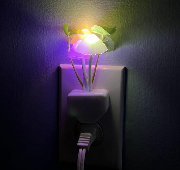 Mushroom-shaped night light plugged into wall outlet glowing in dark, a creative white elephant gift idea.