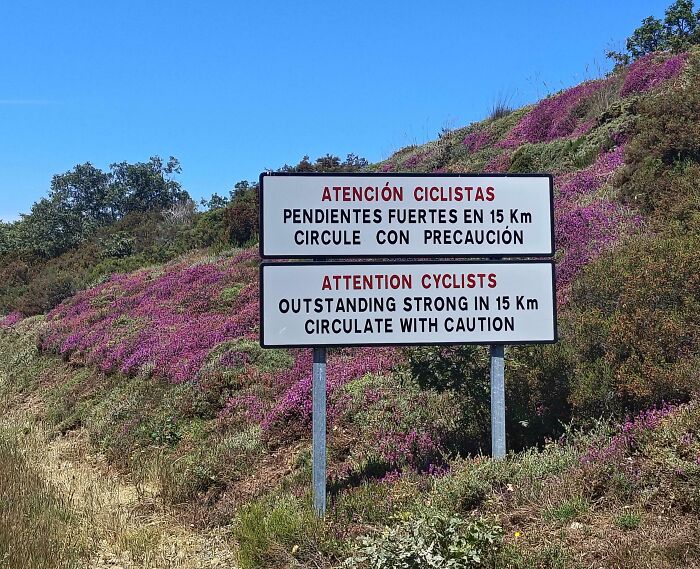 Road sign with poor job translation warning cyclists about strong slopes in 15 km, showing a humorous fail in job performance.