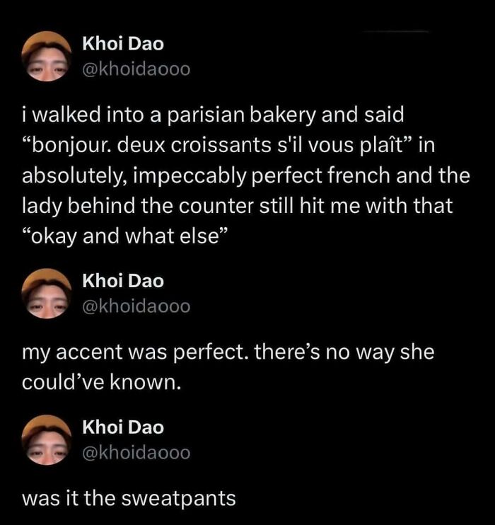 Tweet thread showing chaotic humor about ordering croissants in perfect French but being asked what else to order, capturing chaotic non-political tweets.
