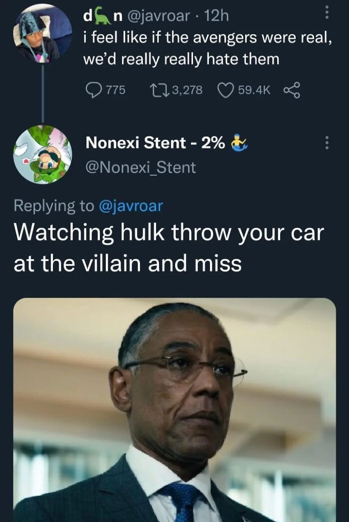 Screenshot of chaotic non-political tweets about Avengers with humorous commentary and a serious man in a suit reacting.
