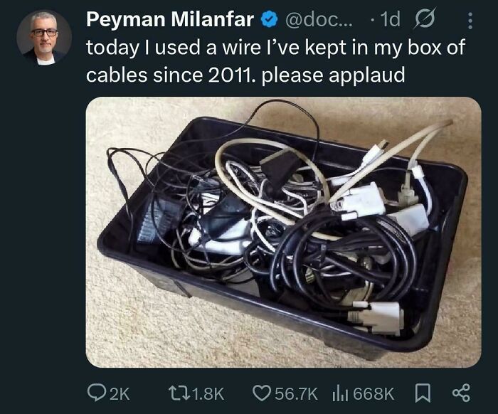Tweet showing a tangled box of old cables with humorous text about using a wire kept since 2011 in chaotic non-political tweets.