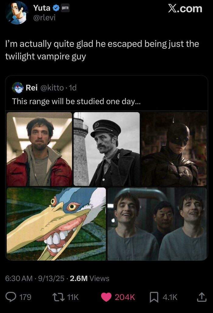 Screenshot of chaotic non-political tweets showing multiple images of Robert Pattinson roles and a humorous animated character.