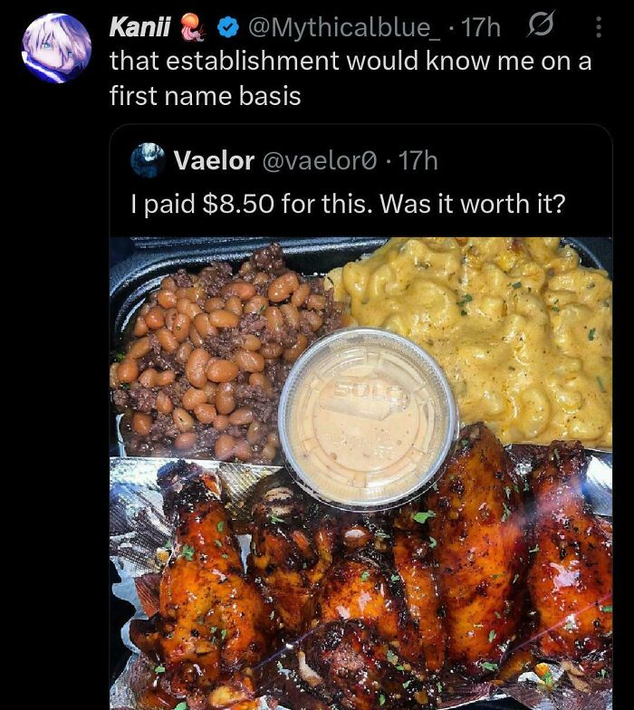 Screenshot of a chaotic non-political tweet showing a $8.50 meal with wings, beans, mac and cheese, sparking fun internet reactions.