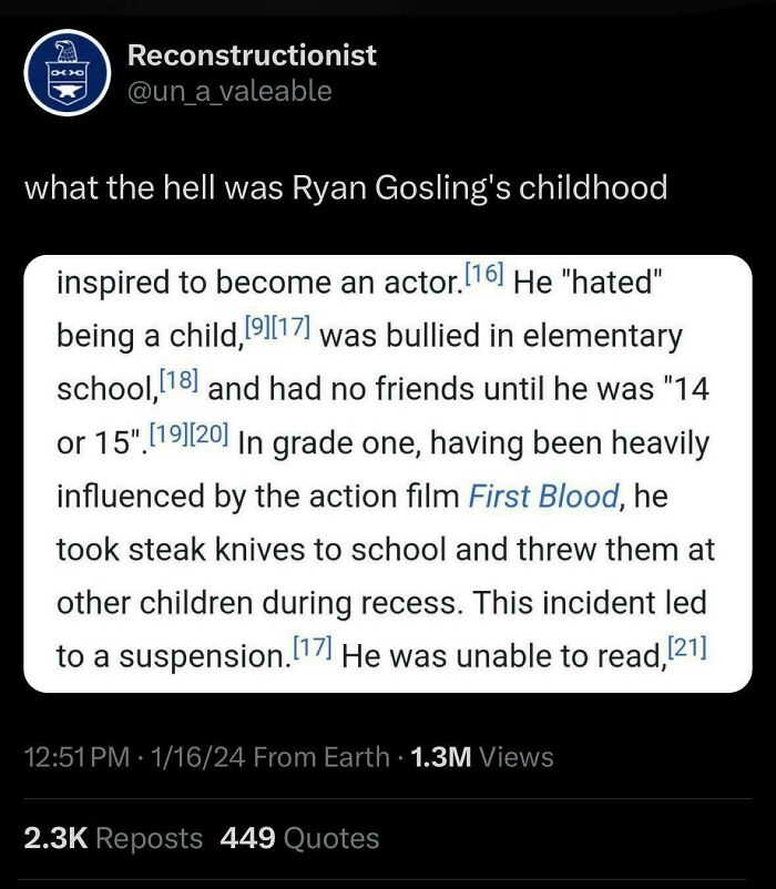 Chaotic non-political tweet about Ryan Gosling's difficult childhood with surprising and funny details.