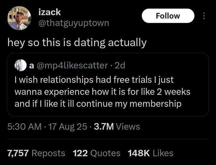 Tweet about dating humor and relationships with high engagement, featured in chaotic non-political tweets that made the internet fun again.