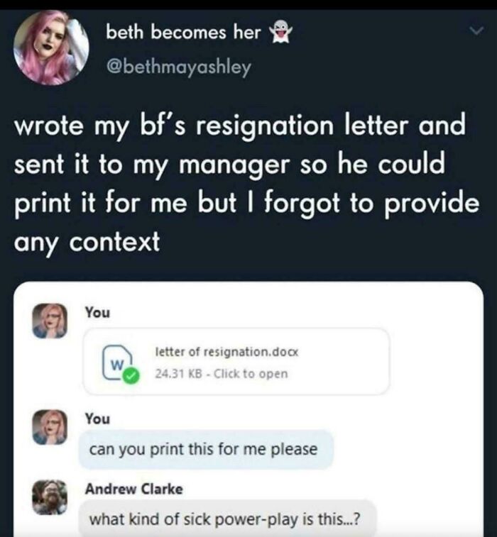 Screenshot of a chaotic non-political tweet about accidentally sending a resignation letter to a manager without context.