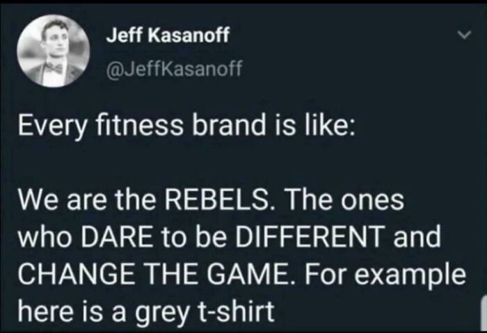 Tweet humor about fitness brands being rebels, featured in chaotic non-political tweets that made the internet feel fun again.