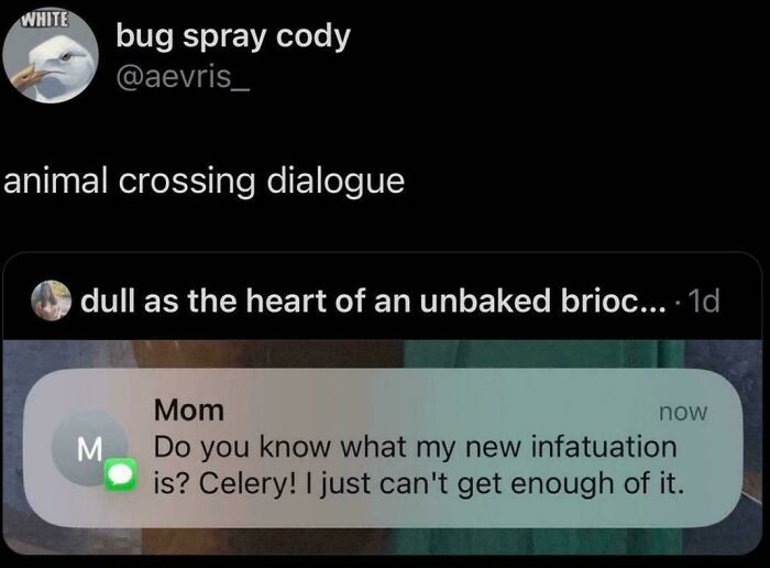 Screenshot of a fun, chaotic non-political tweet showing a text about a mom’s new celery infatuation.