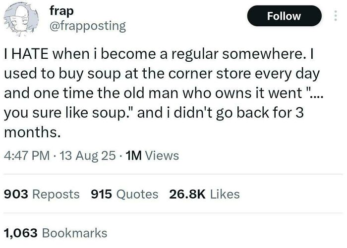 Screenshot of a chaotic non-political tweet humorously describing an awkward encounter at a corner store.