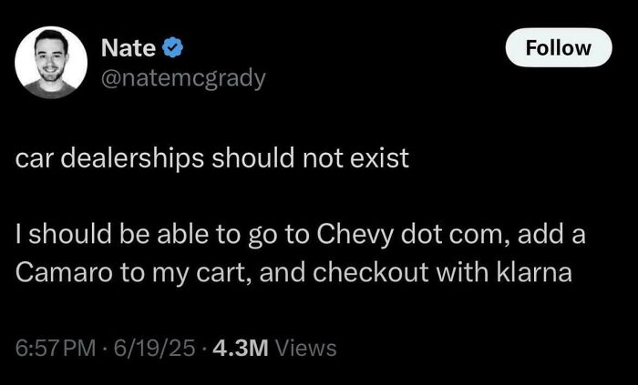 Tweet about car dealerships and online shopping featuring 4.3M views in chaotic non-political tweets making internet fun again