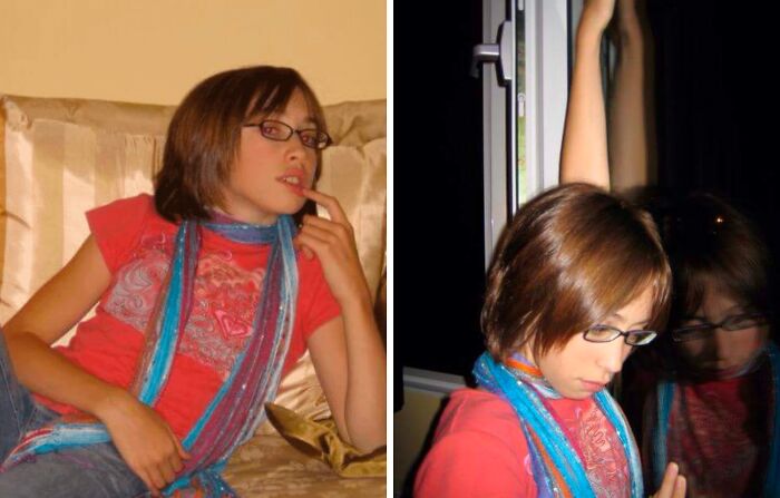Awkward childhood photos of a girl in a red shirt and scarf posing humorously on a couch and by a window at night
