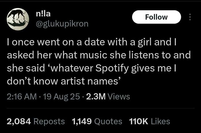 Tweet about chaotic non-political humor involving a funny date story and casual music preferences on social media.