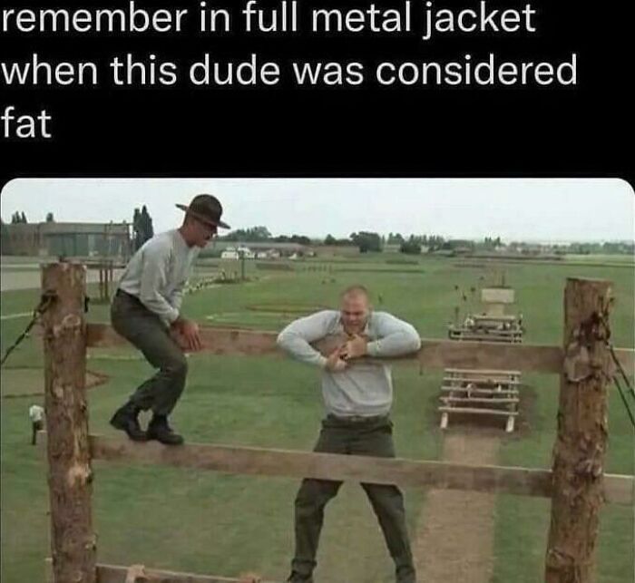 Scene from Full Metal Jacket showing two men in military training with humorous chaotic non-political tweets caption.