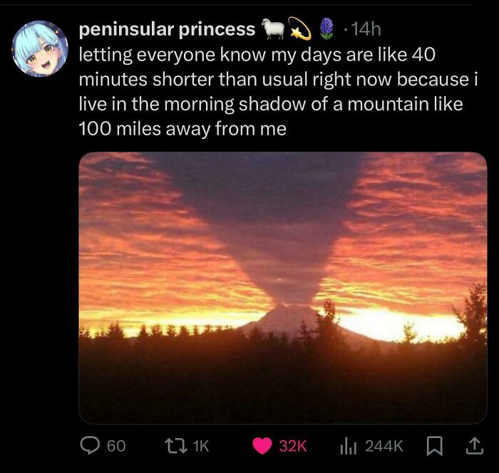 Tweet showing a mountain casting a large shadow at sunset, highlighting chaotic non-political tweets that made the internet fun again.
