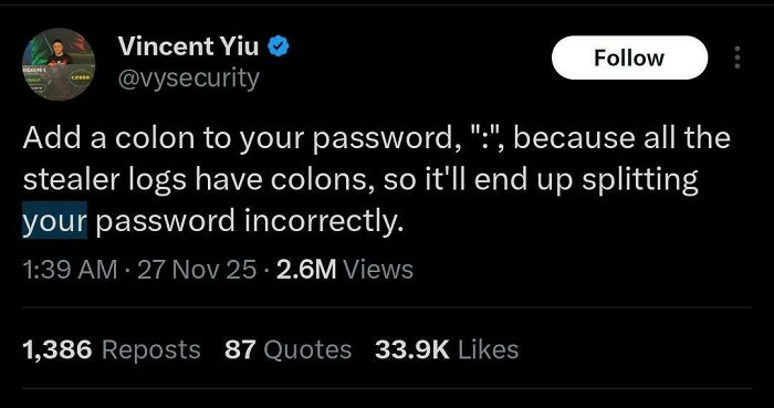 Tweet from Vincent Yiu about adding a colon to passwords, featured in chaotic non-political tweets that made the internet fun again.