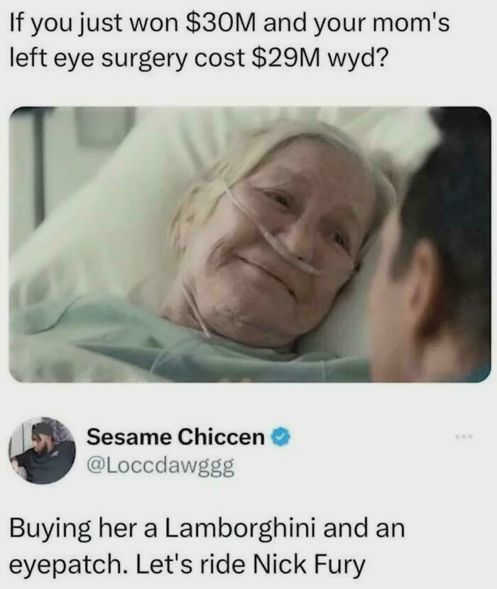 Tweet text humorously responds to a $30M win and $29M surgery cost, showcasing chaotic non-political tweets making the internet fun again.