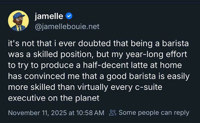 Tweet about the skilled effort of baristas crafting lattes, featured in chaotic non-political tweets making the internet fun again.
