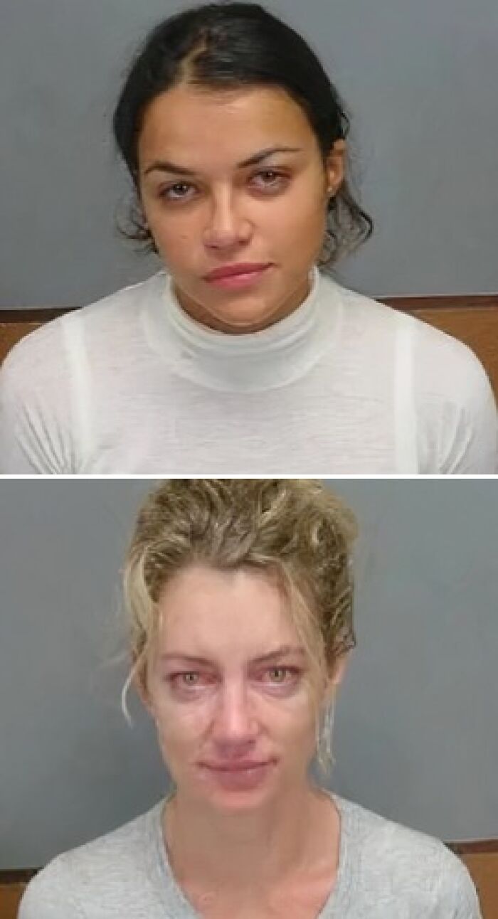 Two women in separate mugshots, appearing tired and emotional, related to celebs mugshot arrests.