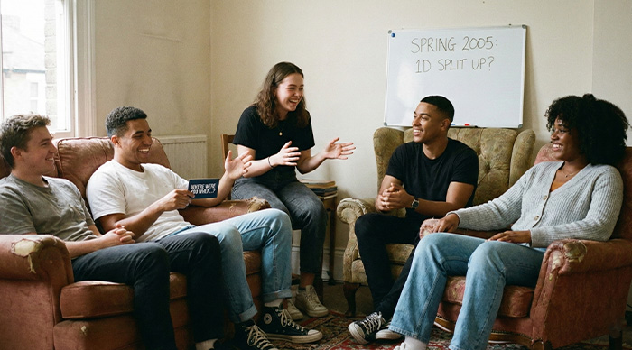 Group of friends enjoying the best party game of all time together in a cozy living room setting.
