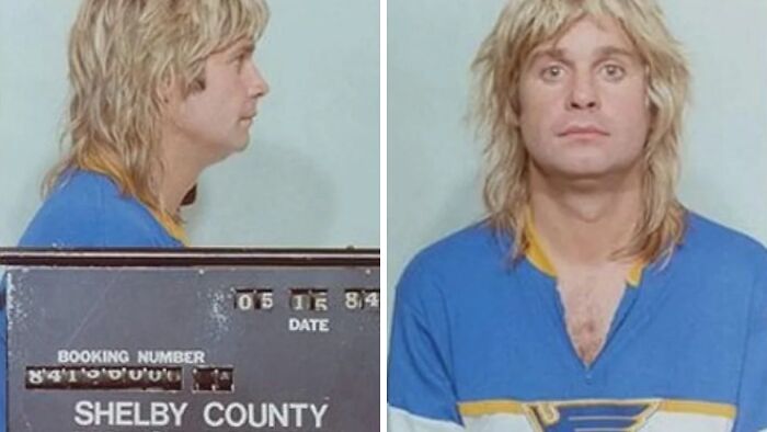 Mugshot of a celeb with blonde hair and a blue shirt taken after being arrested in Shelby County.