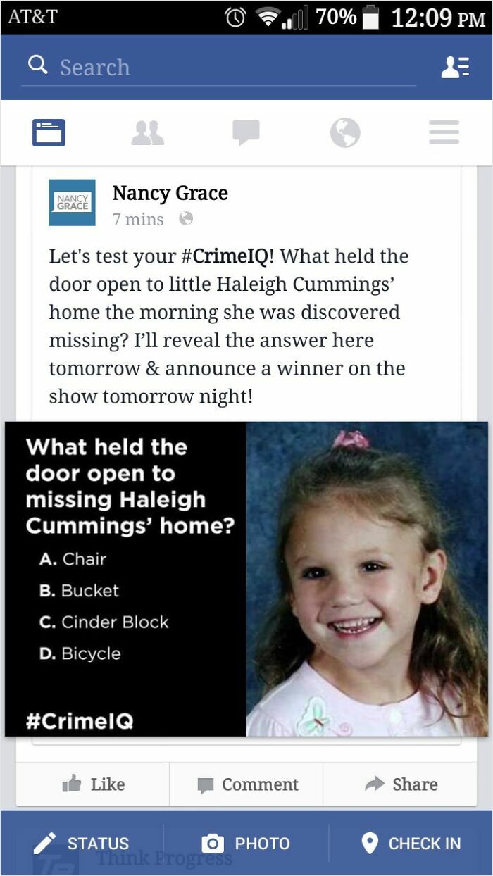 Social media post challenging viewers with a CrimeIQ question about a missing child’s open door scenario.