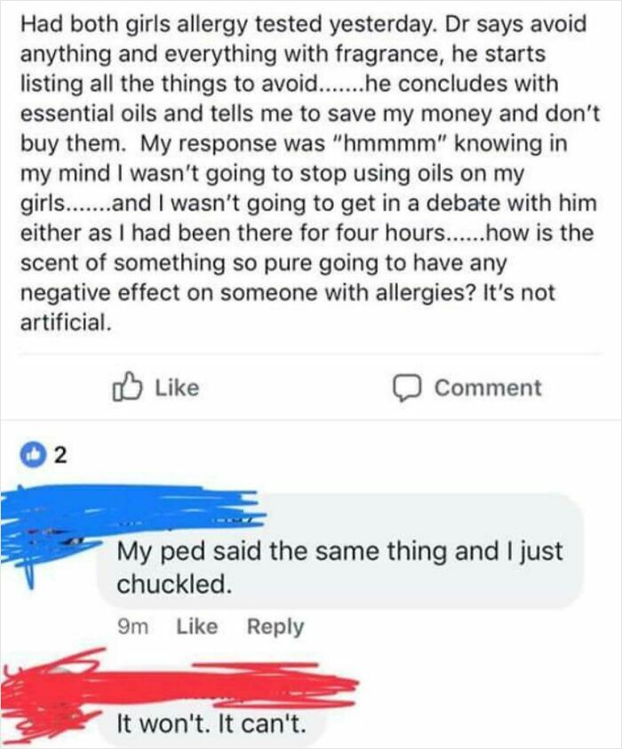 Facebook post discussing allergy testing and essential oils, highlighting frustration in rage-inducing pics collection.