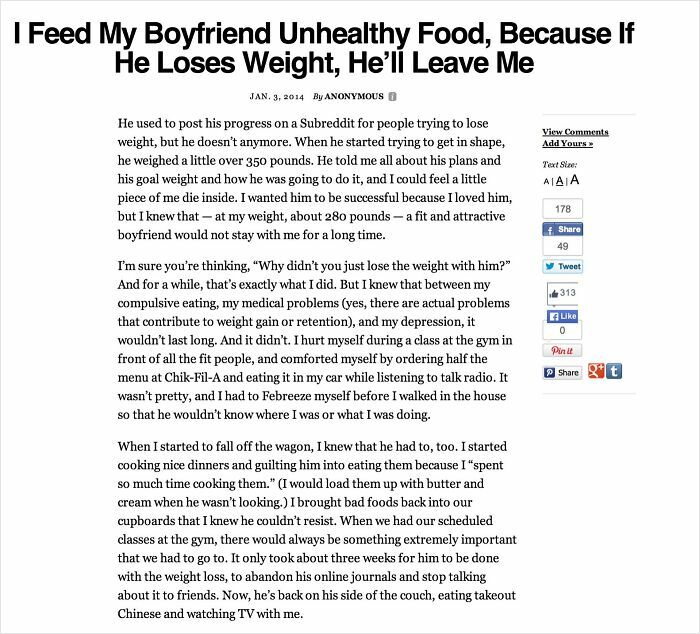 Screenshot of a personal story about unhealthy eating habits showing text that may trigger rage-inducing feelings.