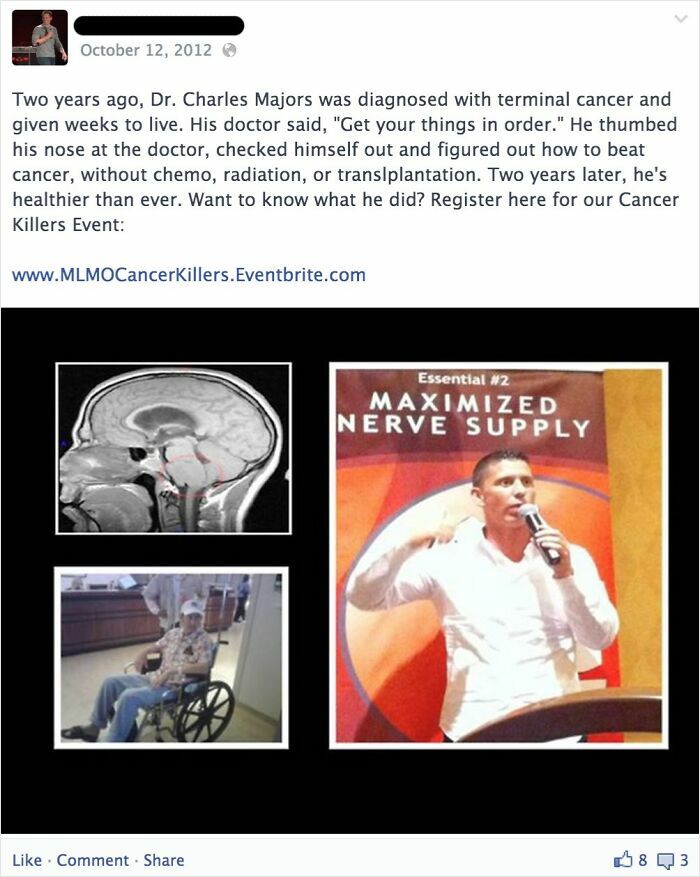 Post about cancer recovery with images of brain scan, man in wheelchair, and speaker on nerve supply, highlighting rage-inducing pics theme.
