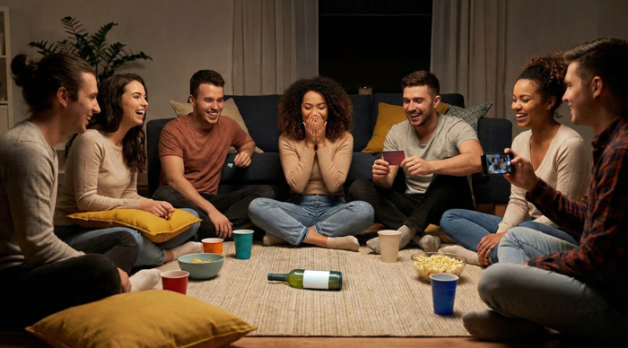 Group of friends playing the best party game of all time, sitting on the floor and laughing together in a cozy room.