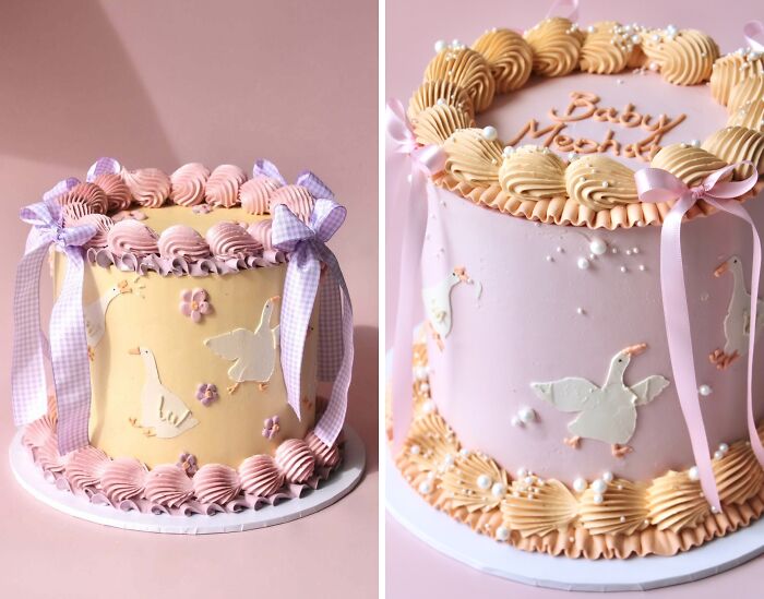 Elegant masterfully crafted cakes with detailed bird designs and pastel decorations showcasing human creativity in cake art.
