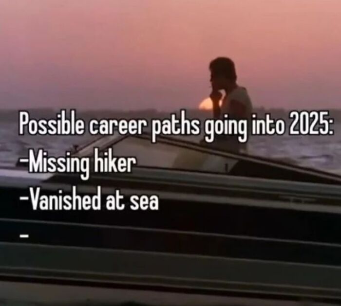 Person sitting on a boat at sunset with a text about possible career paths in 2025 in a funny unhinged memes style