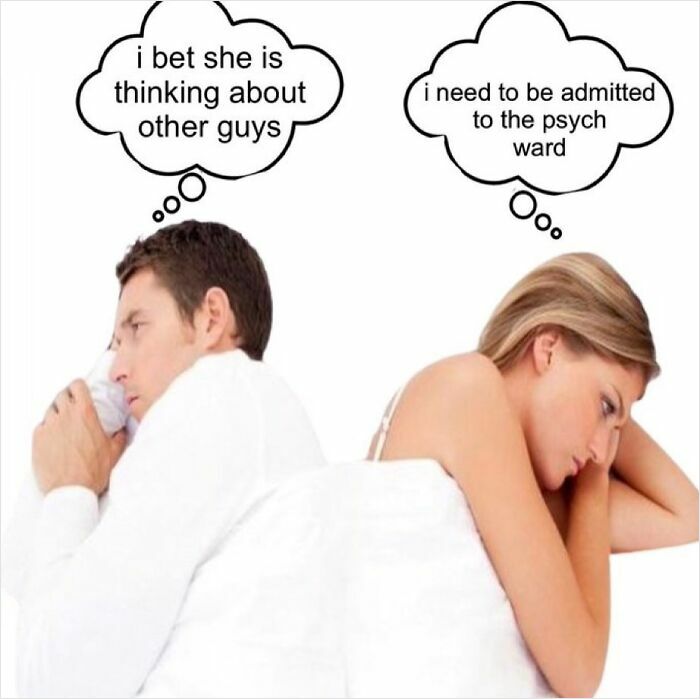 Man and woman lying back to back in bed with thought bubbles showing unhinged and funny meme thoughts.