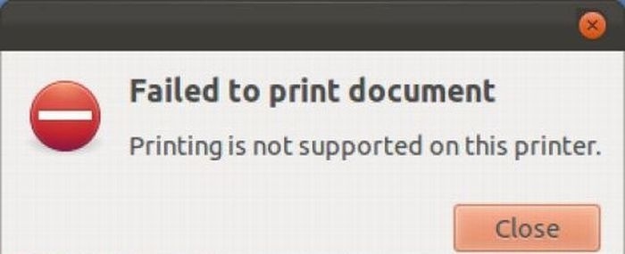 Error message on computer screen showing printing is not supported, an example of pointless things being funny.