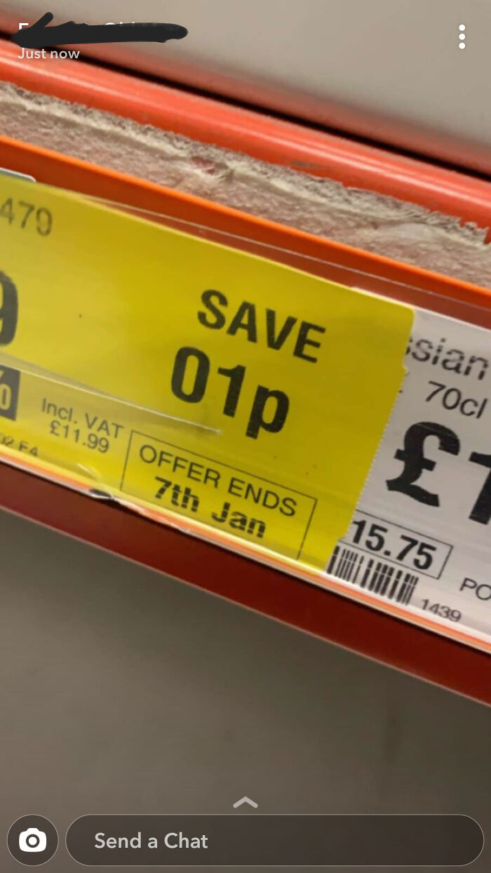Yellow price tag showing a savings of 1p on a product, illustrating pointless things that serve funny purposes.