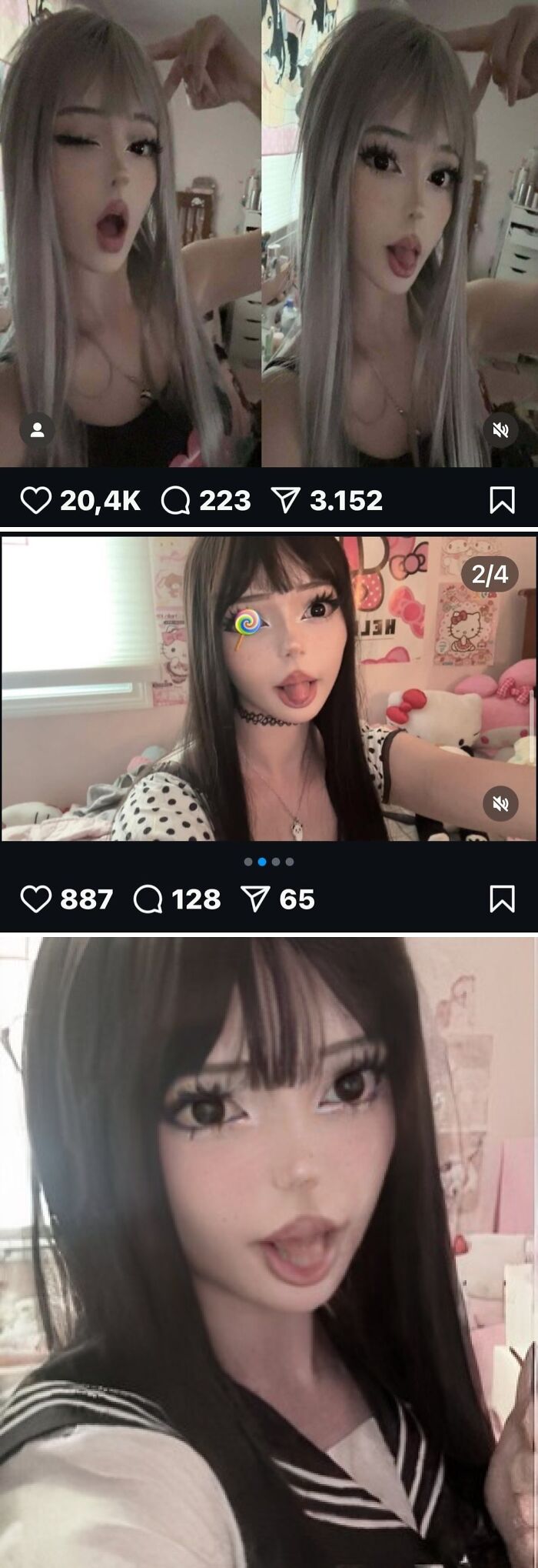 Young woman showing Instagram vs reality moments with exaggerated makeup and filters revealing truth behind glam.