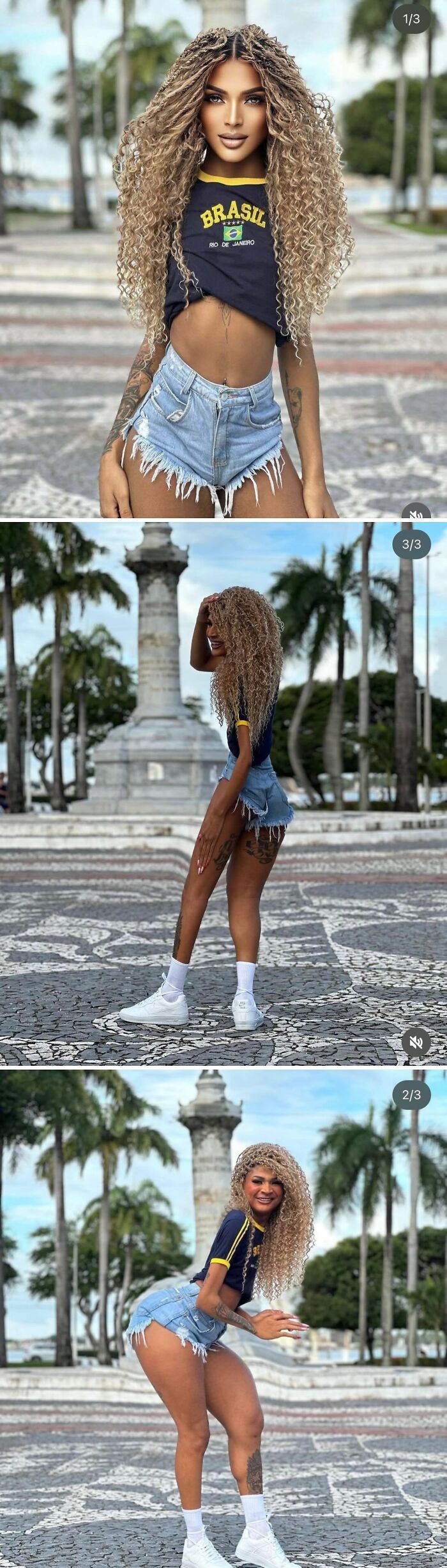 Woman in casual outfit showing Instagram vs reality moments outdoors with palm trees and monument in background.