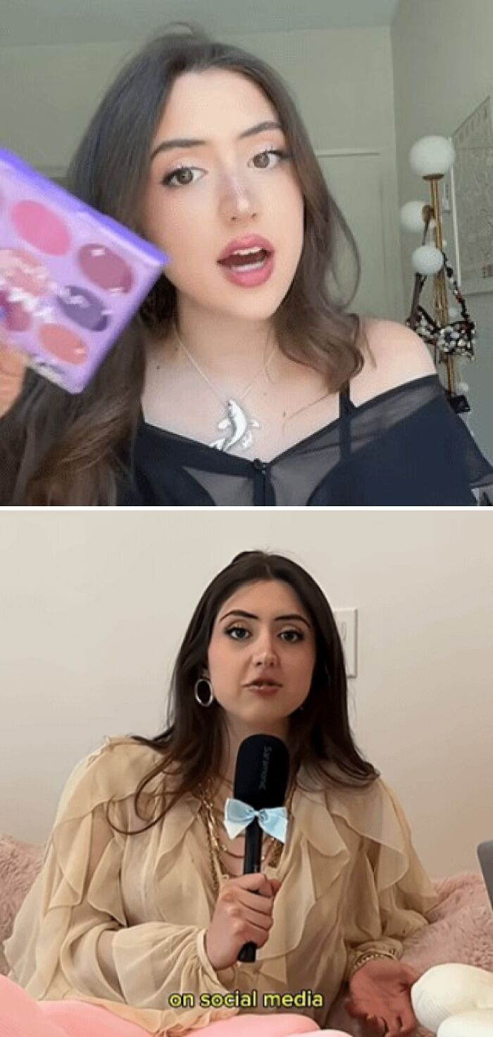 Young woman showing makeup in Instagram vs reality moments, holding a microphone and discussing social media truth behind glam.
