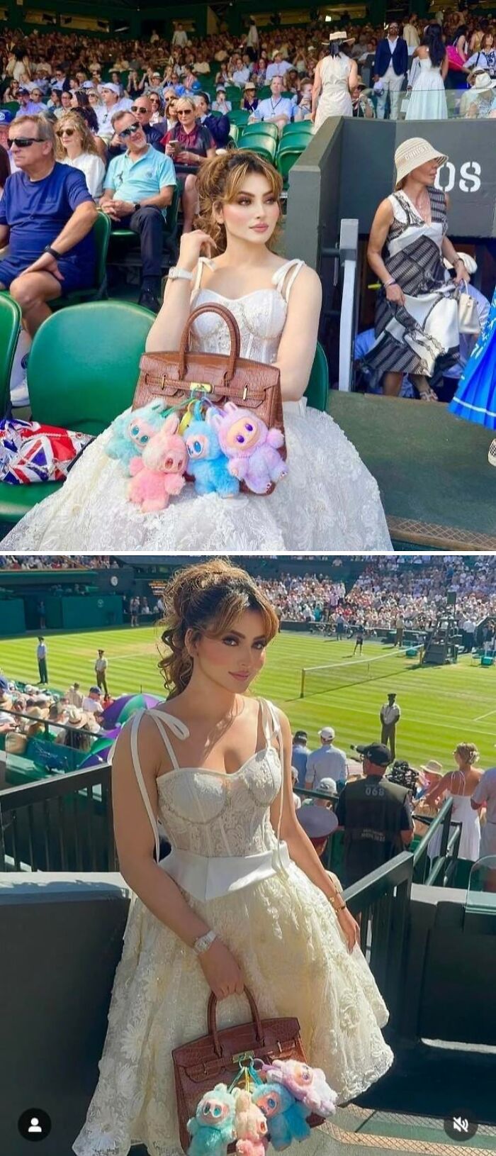 Woman in elegant white dress at tennis match with designer bag and plush toys highlighting Instagram vs reality moments.