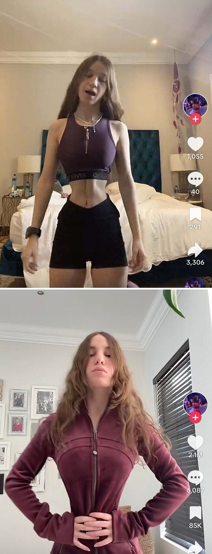 Young woman showing Instagram vs reality moments highlighting differences behind the glam look in two photos.