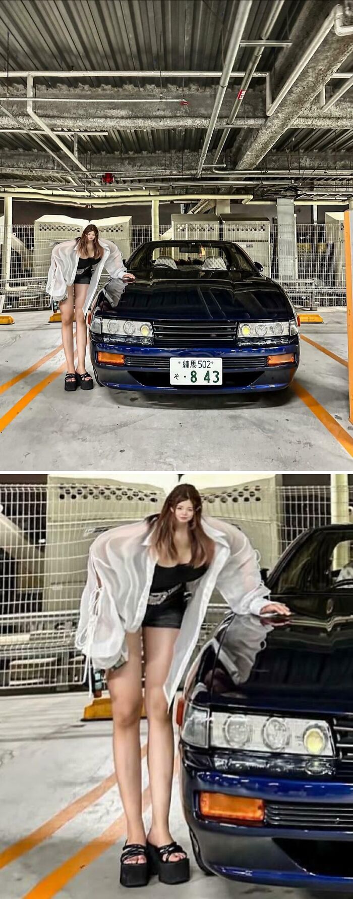 Woman posing next to a car with distorted long legs in a parking garage, showcasing Instagram vs reality moments.