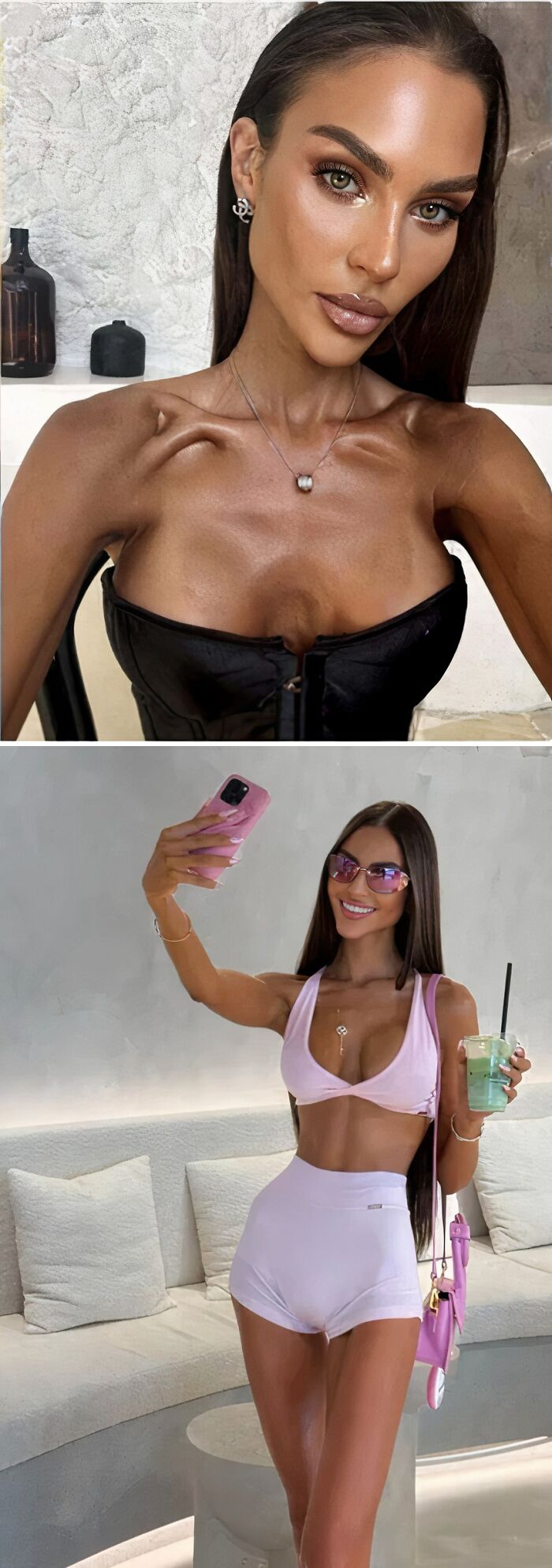 Woman showing Instagram vs reality moments with makeup and outfit highlights revealing truth behind glam.